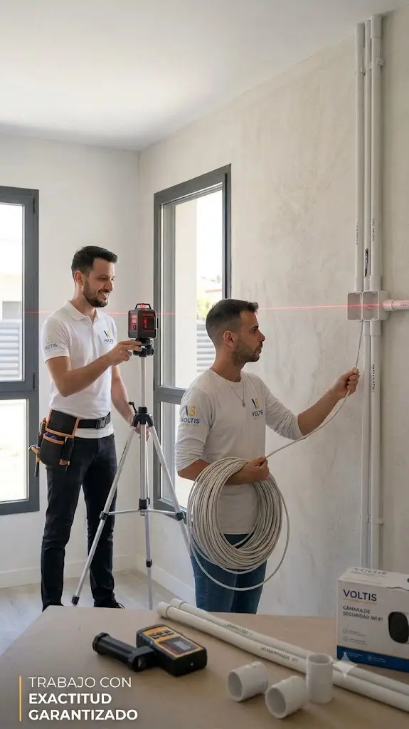 Marcado con nivel láser del recorrido de cañerías eléctricas en obra nueva